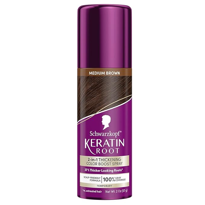 Schwarzkopf Keratin Color Root Temporary Hair Color Spray, Medium Brown, Instant Gray Coverage, Thicker, Fuller-Looking Roots, Easy-to-Use, No Ammonia, Low Mess Application, Scalp Friendly