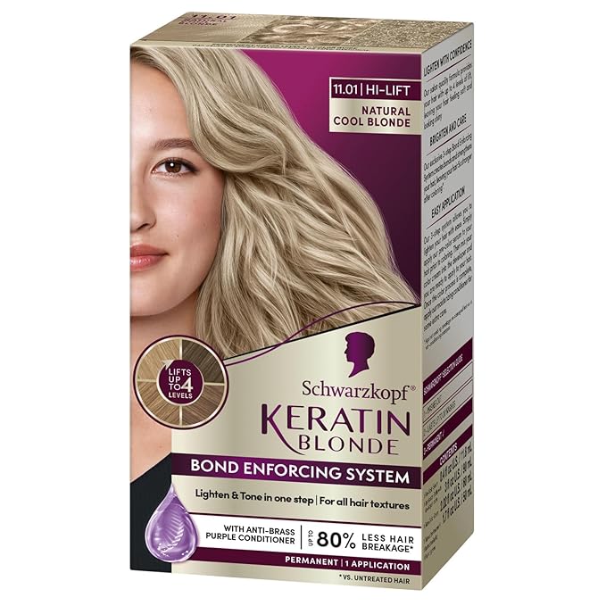 Schwarzkopf Keratin Blonde Hair Dye, 11.01 High Lift Natural Cool Blonde, Professional Quality Permanent Hair Color, Bond Enforcing System, Pre-Color Serum & Conditioner Included