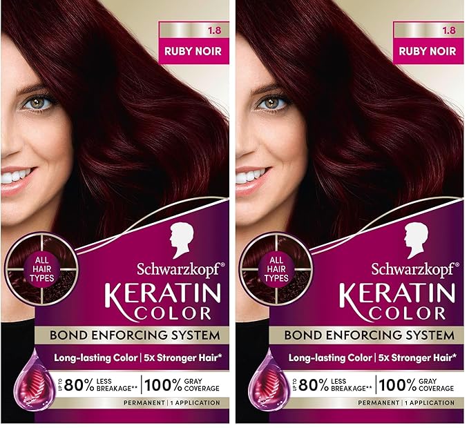 Schwarzkopf Keratin Color Permanent Hair Color, 1.8 Ruby Noir, 1 Application - Professionally Inspired Permanent Hair Dye, for up to 80% Less Breakage vs Untreated Hair and up to 100% Gray Coverage