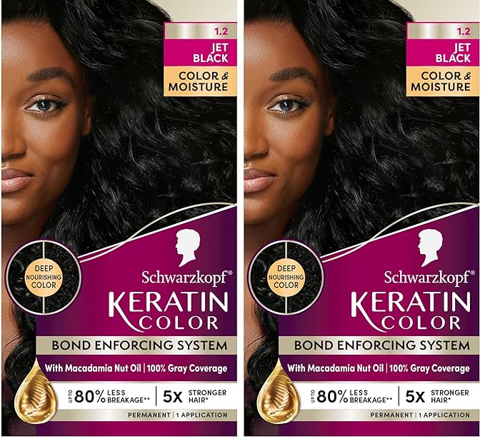 Schwarzkopf Keratin Color, Color & Moisture Permanent Hair Color Cream, 1.2 Jet Black, 1 Kit (Pack of 2)