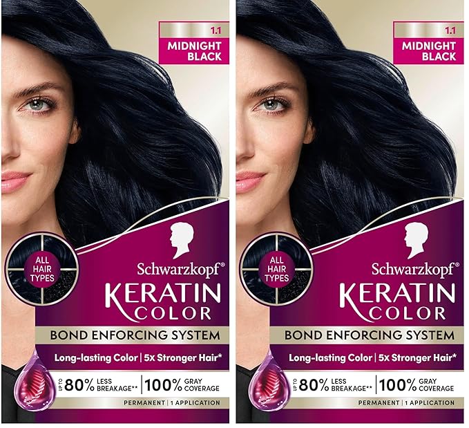 Schwarzkopf Keratin Color Permanent Hair Color, 1.1 Midnight Black, 1 Application-Professionally Inspired Permanent Hair Dye, for up to 80% Less Breakage vs Untreated Hair and up to 100% Gray Coverage