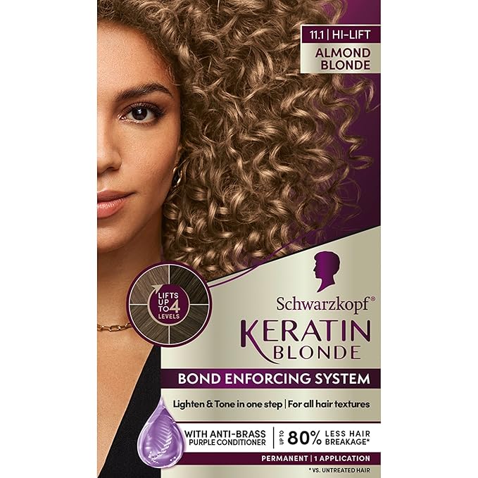 Schwarzkopf Keratin Blonde Hair Dye, 11.1 High Lift Almond Blonde, Professional Quality Permanent Hair Color, Bond Enforcing System, Pre-Color Serum & Purple Conditioner Included